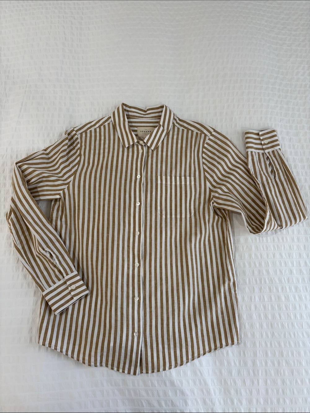 Sézane Striped Button-Up Tomboy Shirt - Camel & White